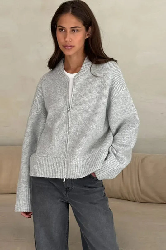 Pleated Knit O Neck Zipper Cardigan Grey / S Main image