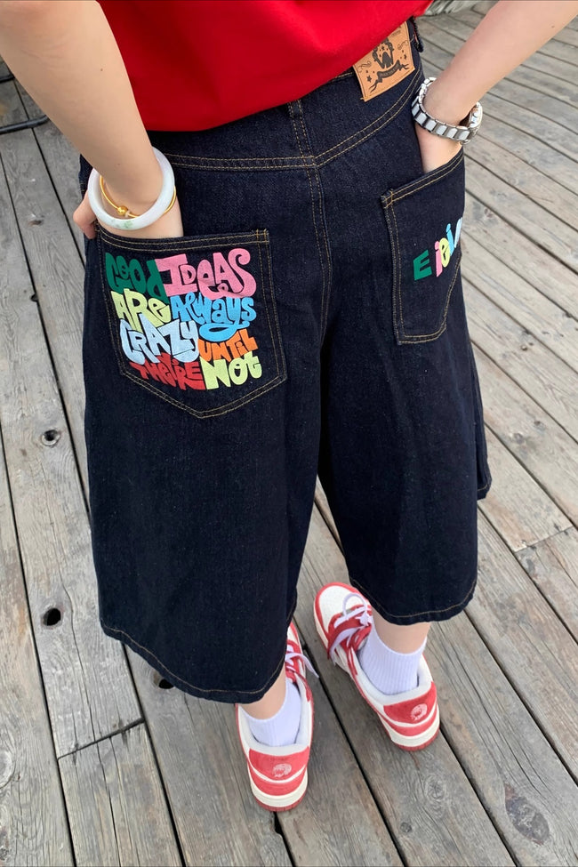 Color Letter Print Loose Fit Denim Shorts Main image