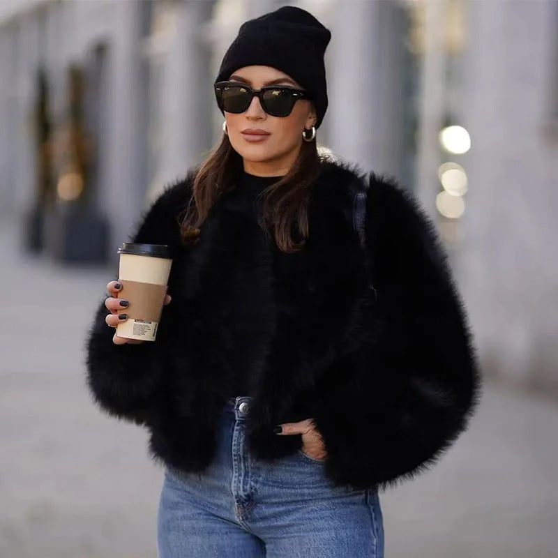 Solid Faux Graceful Fur Collar Jacket Women Faux Fur Coats