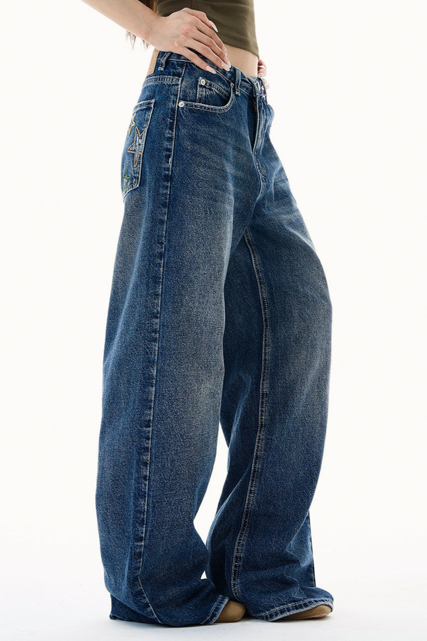 Plus Size Colorful Embroidered Loose Straight Leg Jeans