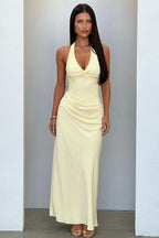 Lace Halter Ruched Satin Formal Dress