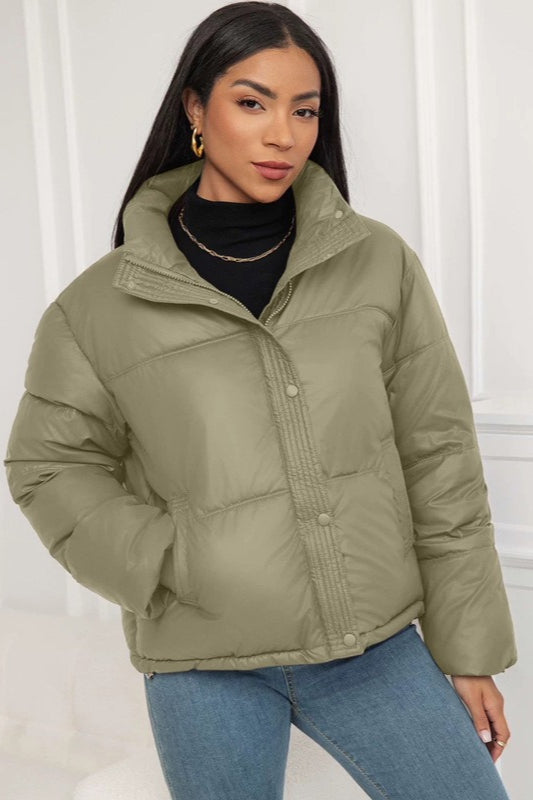 Cropped Stand Collar Puffer Jacket S / Green