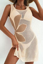 Hollow Out Knit Printed Sleeveless Cover Up
