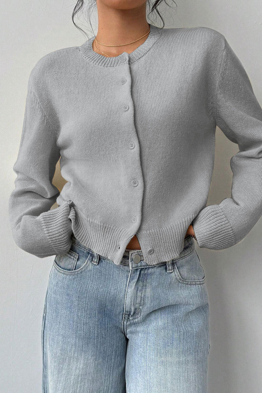 Lightweight Round Neck Button Cardigan S / Grey