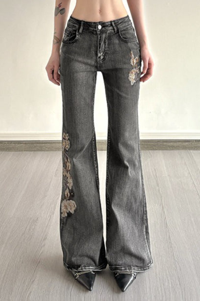 Sequin Embroidered Low Rise Wide Flare Leg Jeans