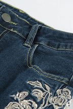 Rose Embroidered Low Rise Flare Leg Jeans