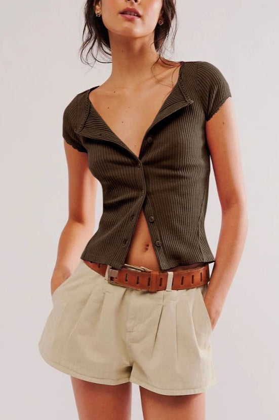 Button Short Sleeve Ribbed Cardigan Grey / XS Main image