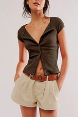 Button Short Sleeve Ribbed Cardigan Grey / XS