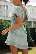 Lace Patchwork Tie Back Flowy Batwing Boho Dress