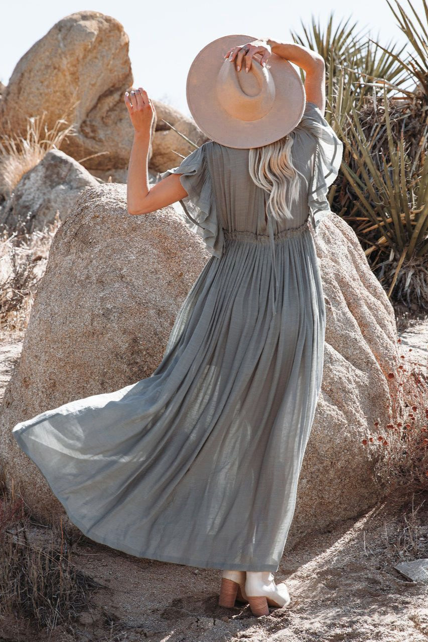 Button Front Drawstring Waist Maxi Boho Dress