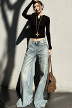 Washed Wide Leg Distressed Jeans