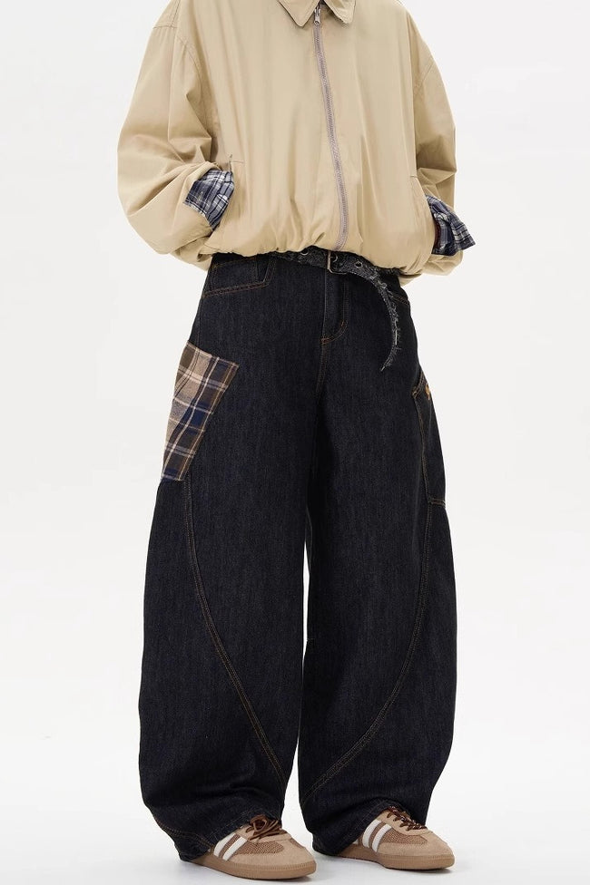 Plaid Patchwork Slouchy Retro Curved Denim Jeans Main image