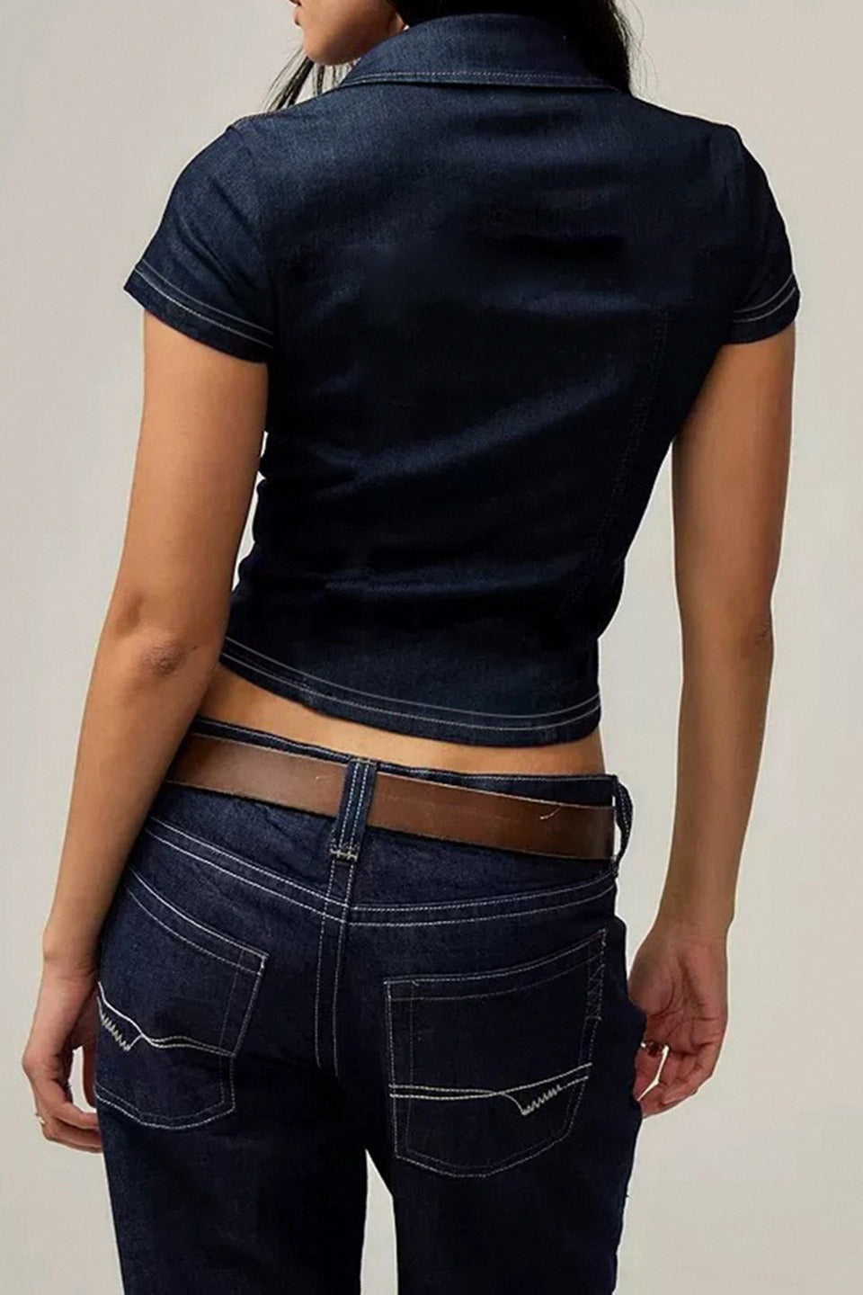 Denim Contrast Stitch Pocket Blouse
