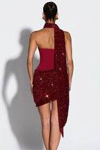 Sequin Draped Scarf Strapless Cocktail Dress