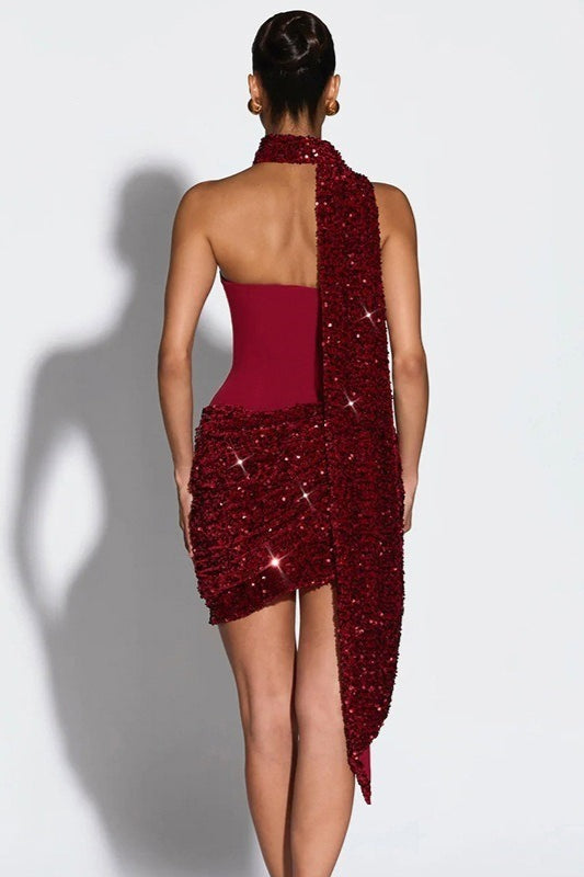 Sequin Draped Scarf Strapless Cocktail Dress