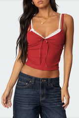 Faux Two Piece Bow Lace Sweet Crop Top