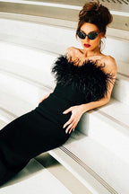 Faux Fur Trim Strapless Bodycon Dress