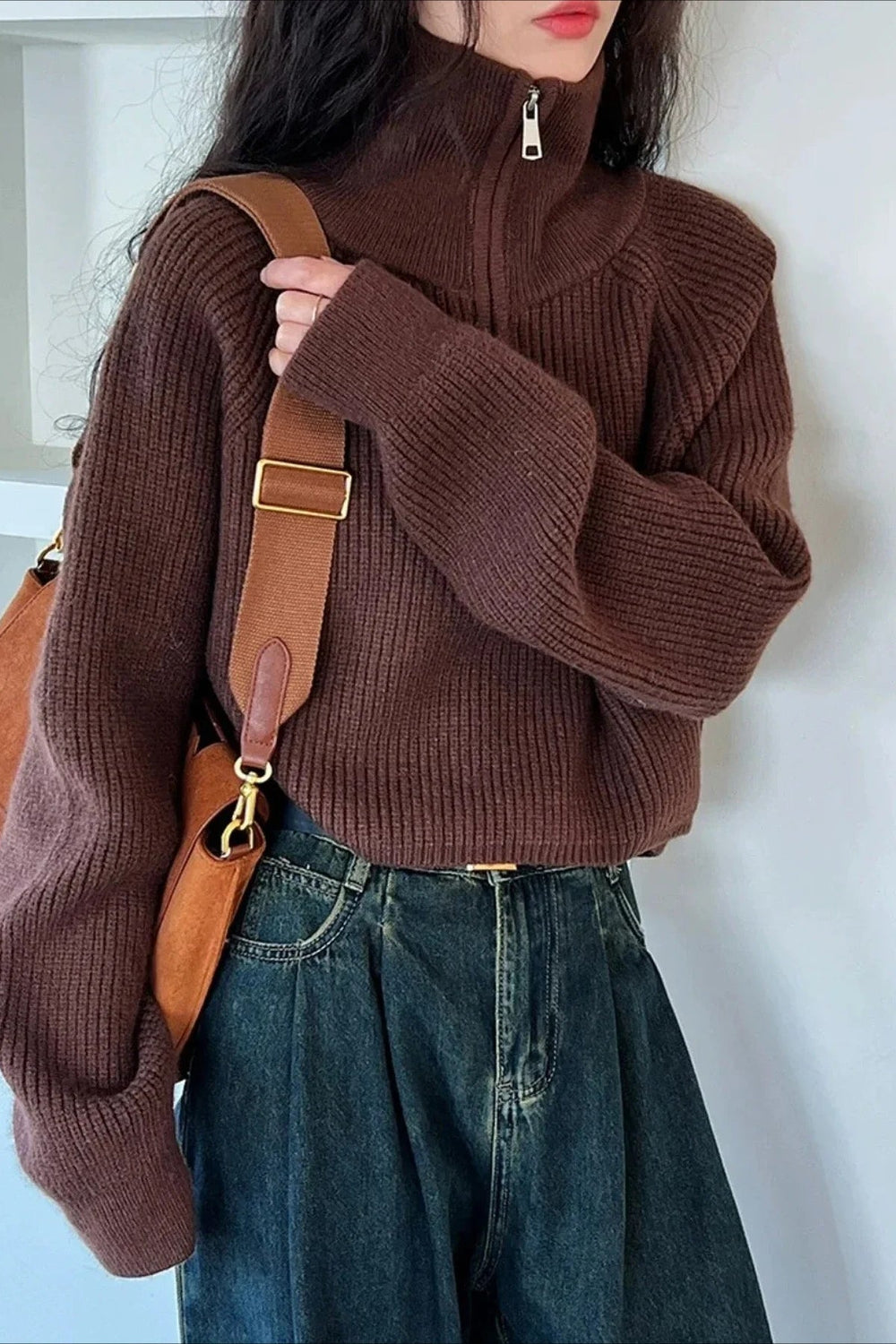 Half Zip Knit Turtleneck Sweater Brown / One Size