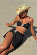 Solid Strappy Mini Skirt Three Piece Swim Set