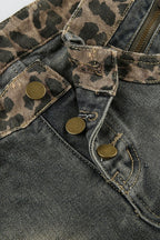 Vintage Leopard Patchwork Low Rise Denim Shorts