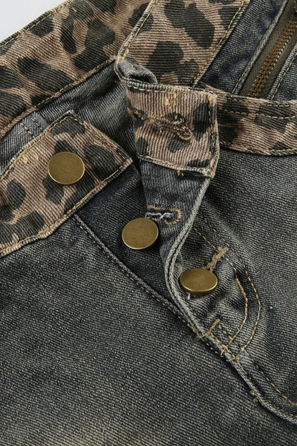Vintage Leopard Patchwork Low Rise Denim Shorts