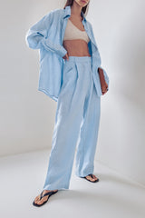 Relaxed Linen Blend Blouse Wide Leg Two Piece Pants Set