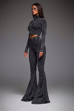 Sexy Zip Front Crop Top Flared Pants Set