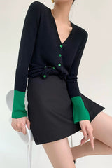 Flare Sleeve Colorblock Knit V Neck Cardigan Black / S