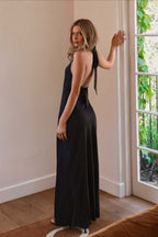 Halter V Neck Stretch Satin Cocktail Dress