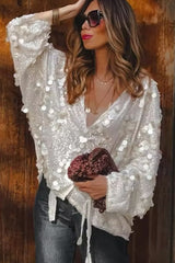 Tie Front Sequin Long Sleeve Blouse