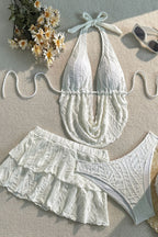 Solid Halter Ruffle Three Piece Swim Set