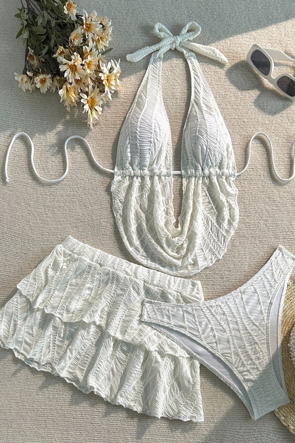 Solid Halter Ruffle Three Piece Swim Set