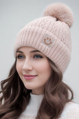 Chunky Cable Knit Pompom Smile Hat