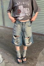 Distressed Frayed Hem Mid Length Denim Shorts