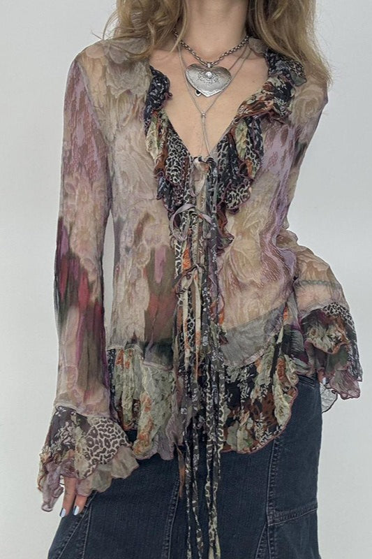Vintage Tie Dye Ruffle Lace Up Mesh Flare Sleeve Blouse Secondary image