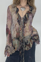 Vintage Tie Dye Ruffle Lace Up Mesh Flare Sleeve Blouse