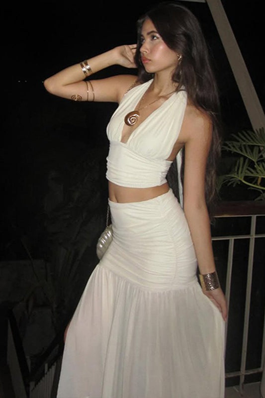 Chic Solid V Neck Mesh Slit Skirt Set Secondary image