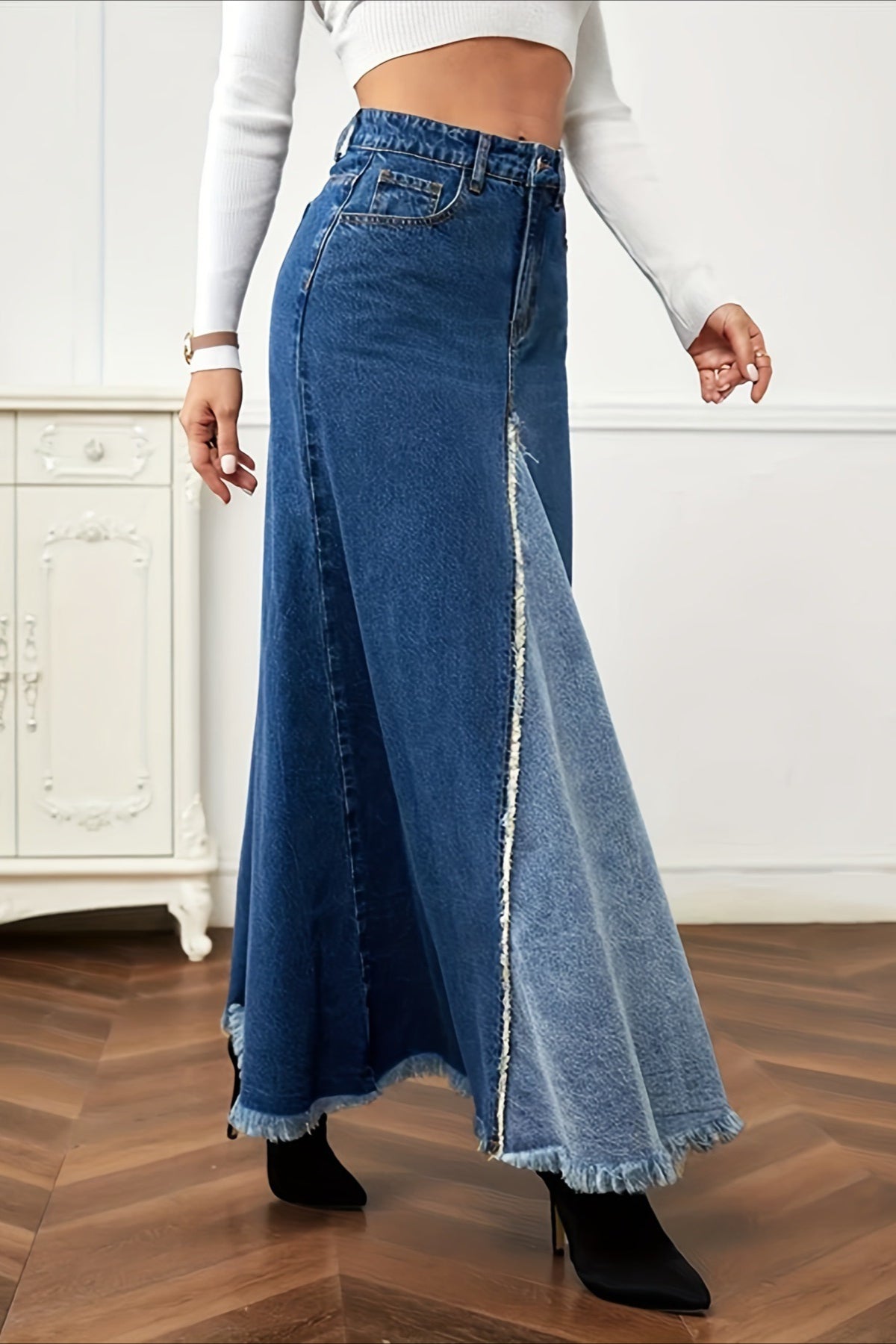 Panelled Full Volume Maxi A Line Denim Skirt