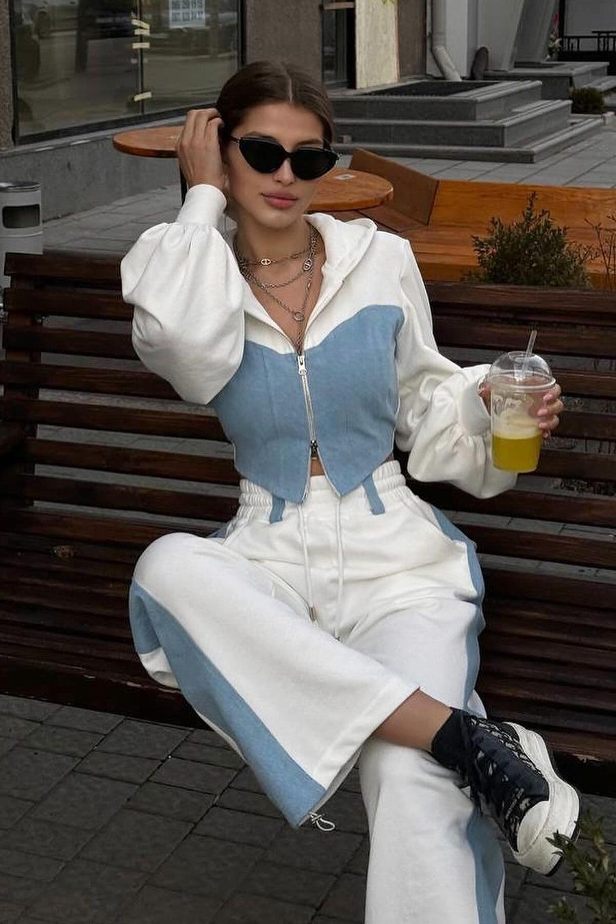 Color Block Casual Hoodie Denim Two Piece Pants Set Main image