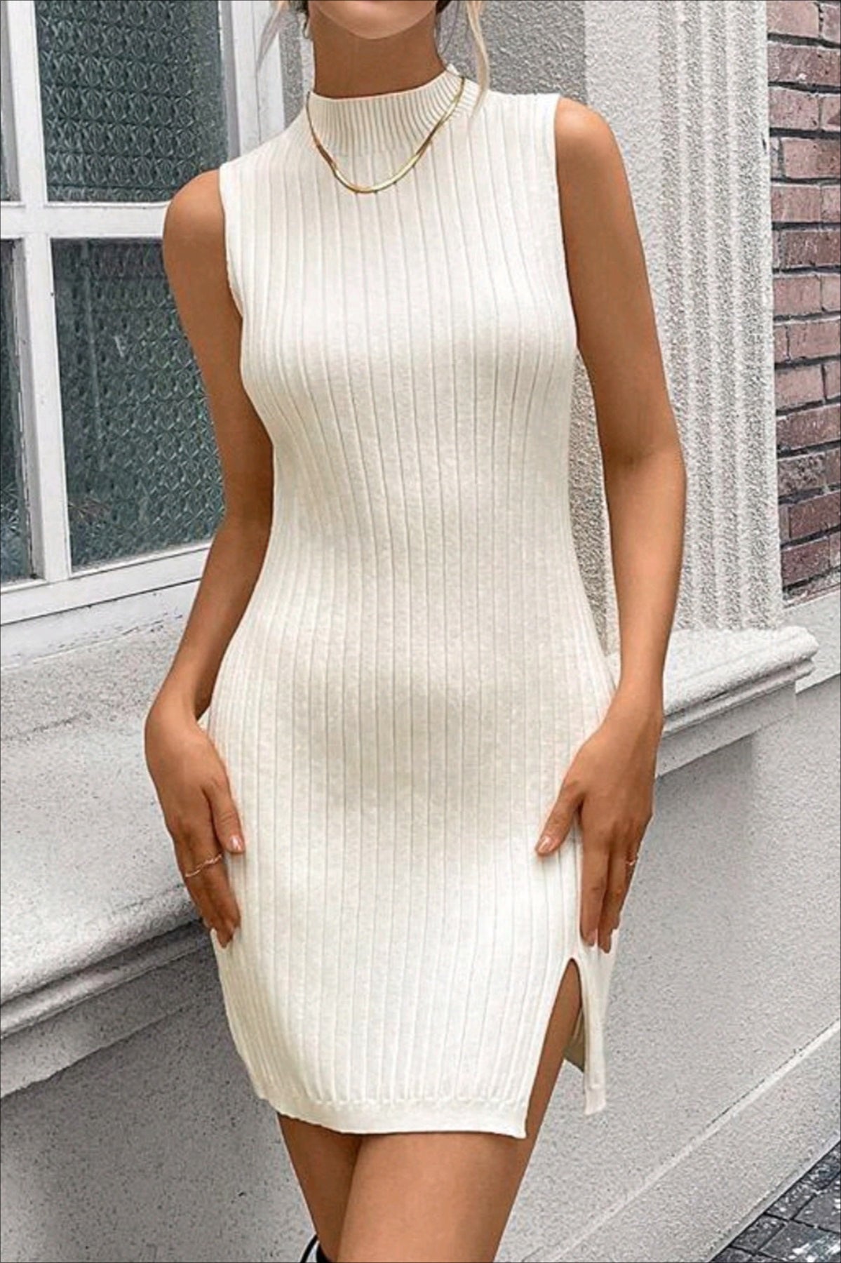 Sleeveless Round Neck Knit Sweater Dress S / White Main image