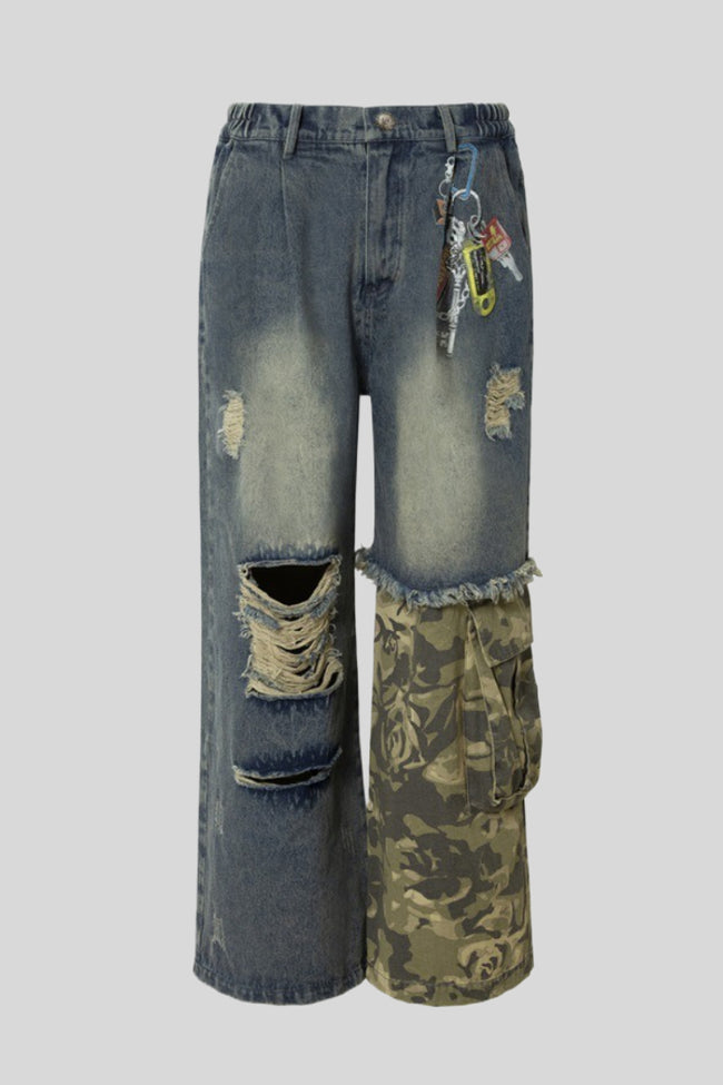 Camo Panel Distressed Wide Leg Jeans Main image