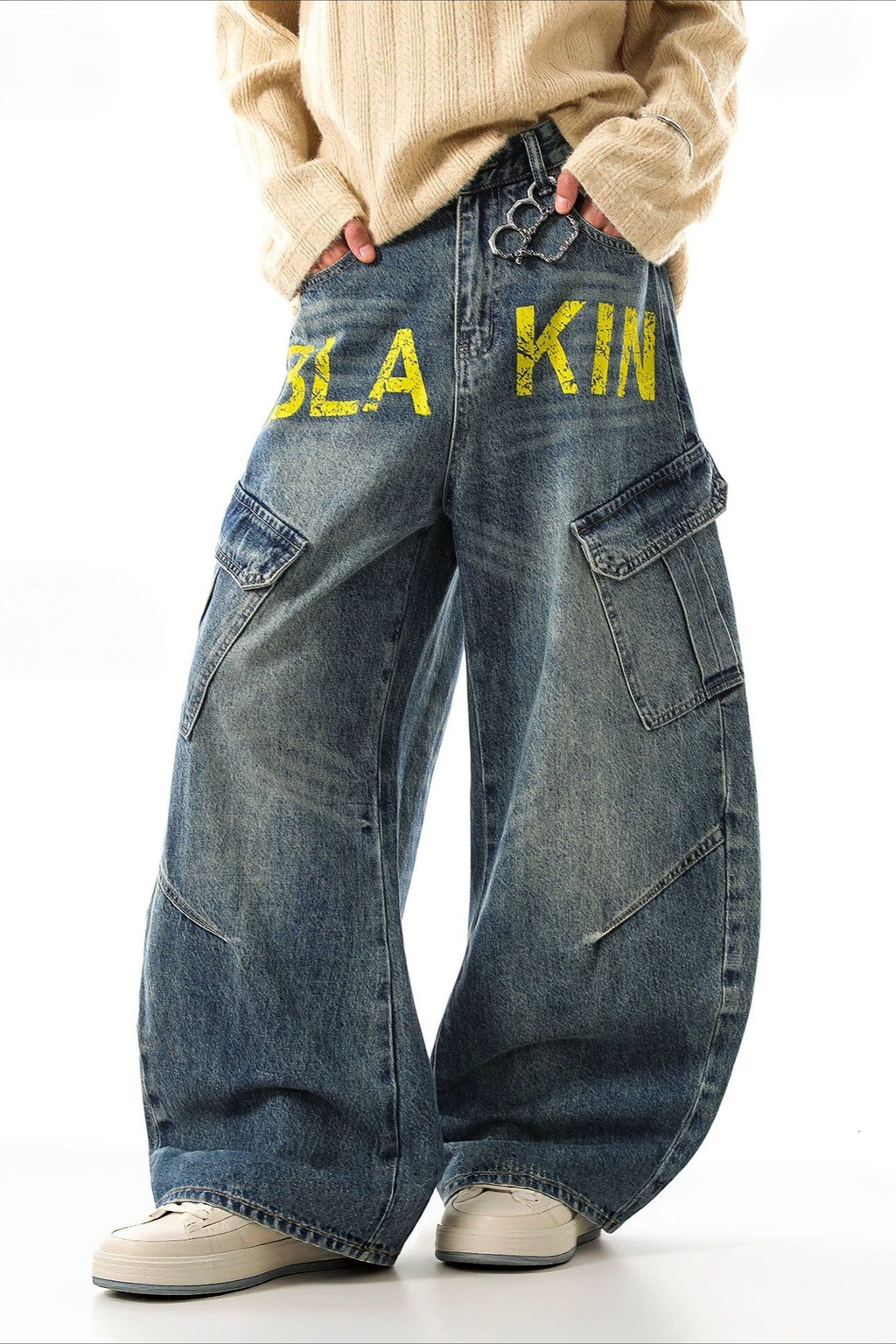 Yellow Typography Cargo Wide Leg Jeans