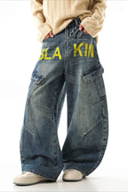 Yellow Typography Cargo Wide Leg Jeans