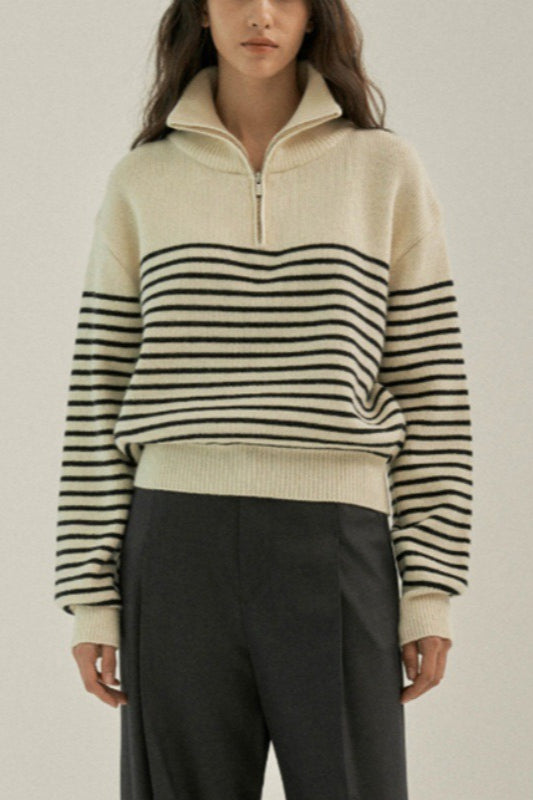 Striped Half Zip Knit Pullover Sweater Beige / One Size Main image