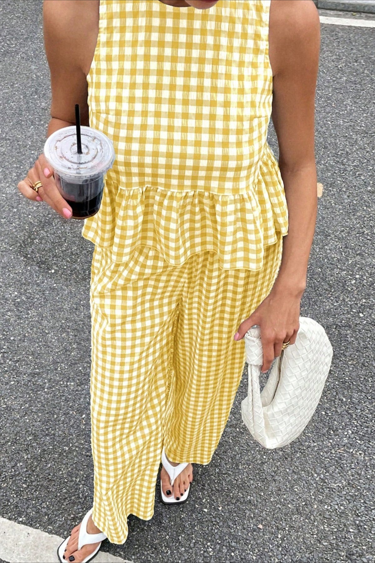 Plaid Ruffle Hem Round Neck Sleeveless Pants Set Secondary image