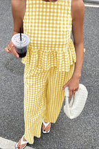 Plaid Ruffle Hem Round Neck Sleeveless Pants Set
