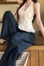 White Lace Trim V Neck Halter Waist Tie Halter Top