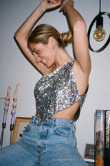 Metallic Mesh Rhinestone Off Shoulder Tank Top