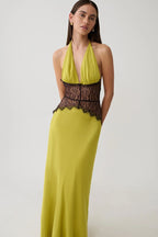 Lace Inset Halter Satin Formal Dress