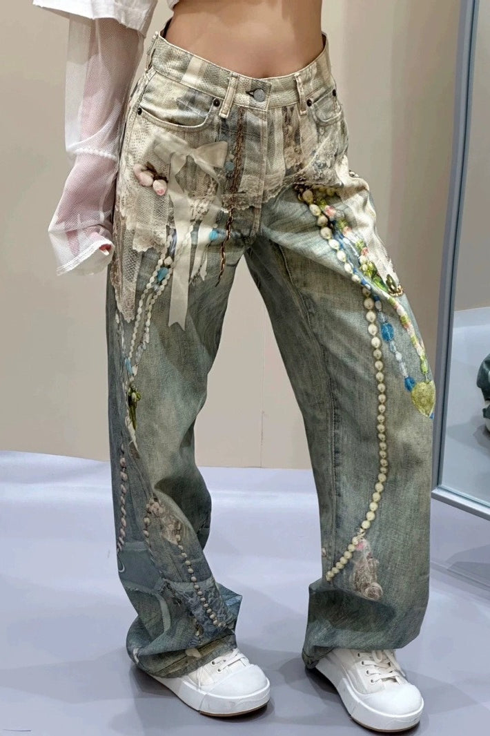 Lace Pearl Chain Printed Vintage Washed Casual Jeans Secondary image